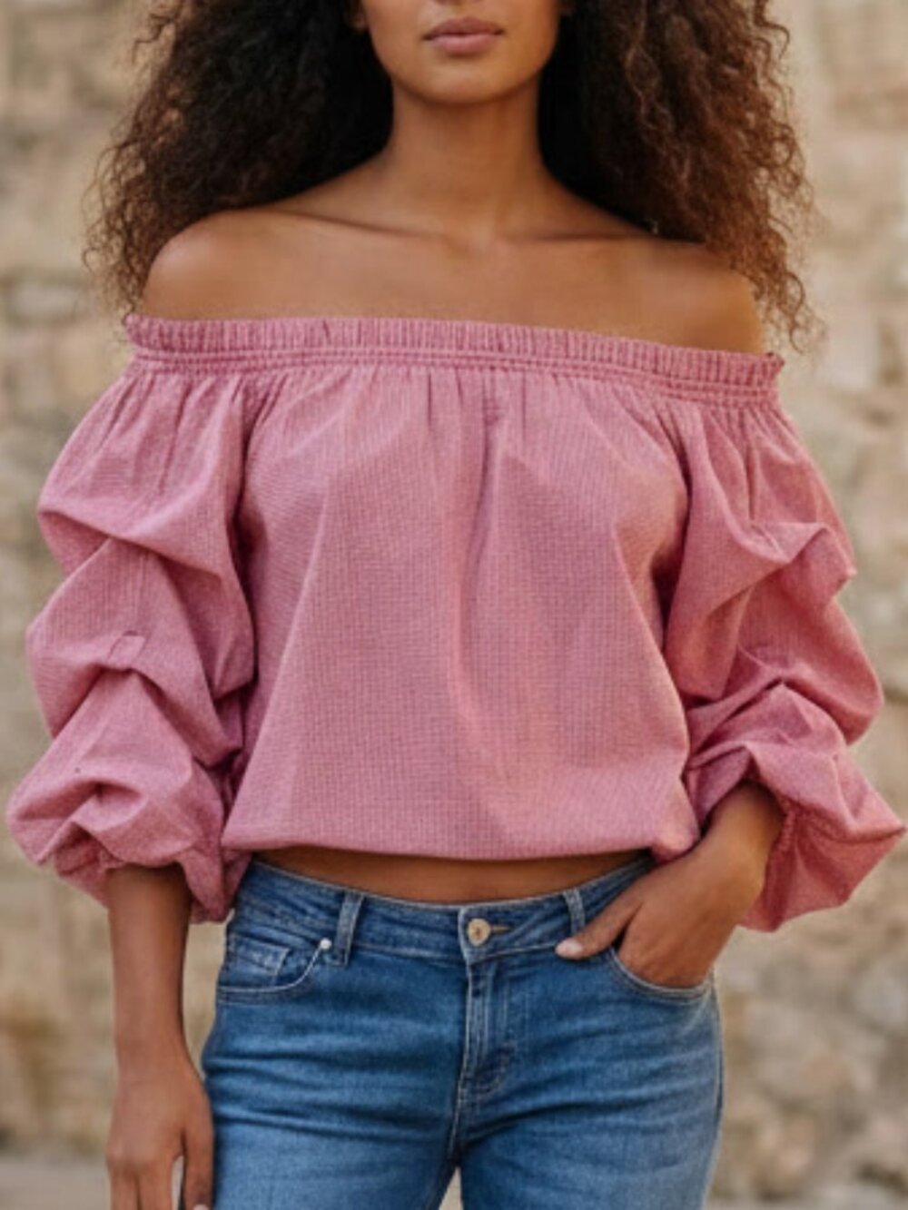 Revamped Off the Shoulder Red Gingham Print Romantic Puff Sleeve Blouse Size M